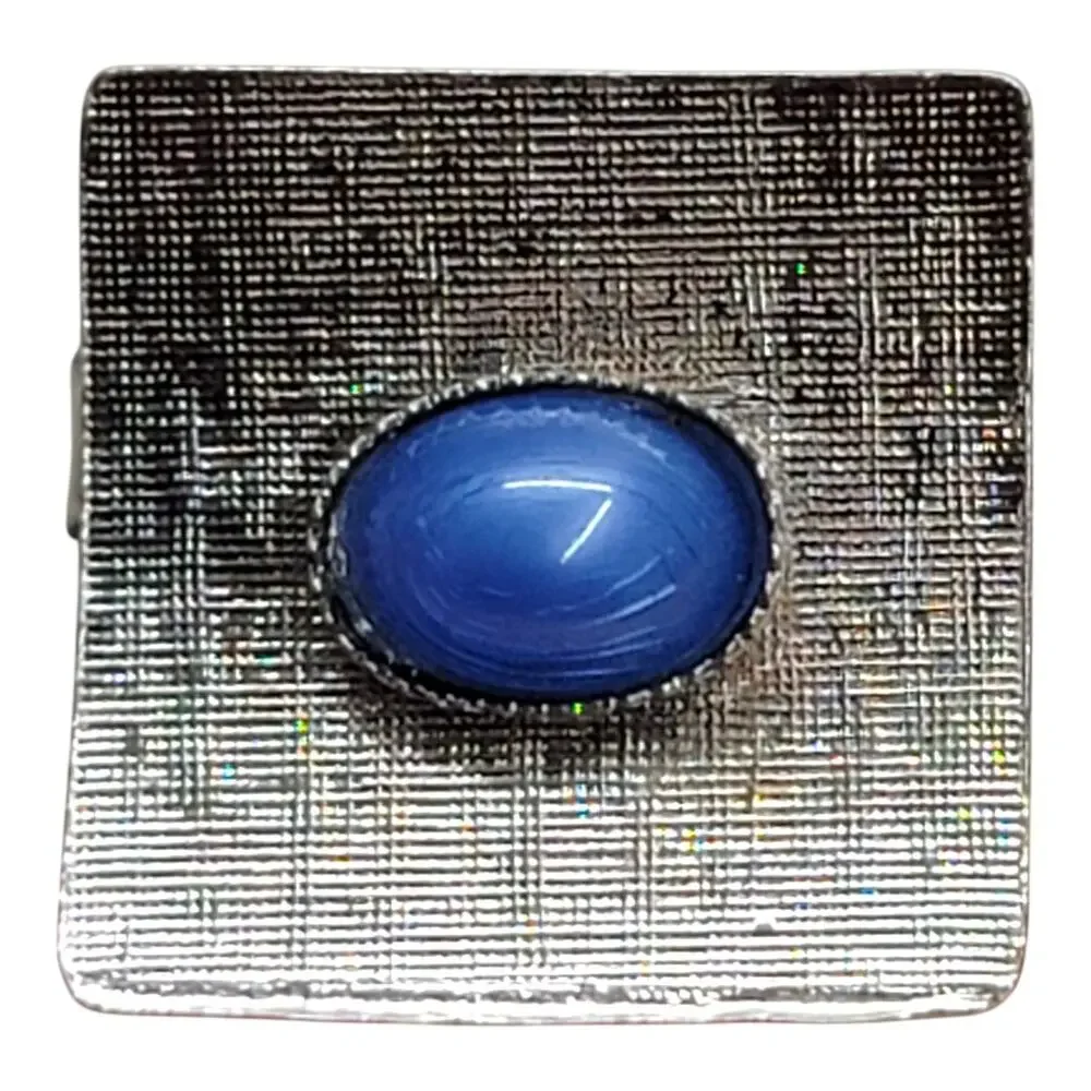 Vintage Mid Century Blue Cats Eye Textured Silver Tone Mens Formal Cufflinks